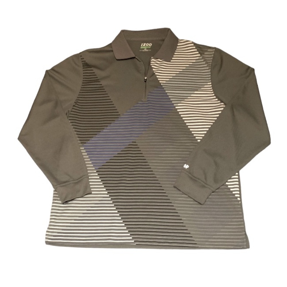 IZOD PERFORM GOLF ZIP UP LONG SLEEVE POLO MENS GRAY WHITE AND BLUE